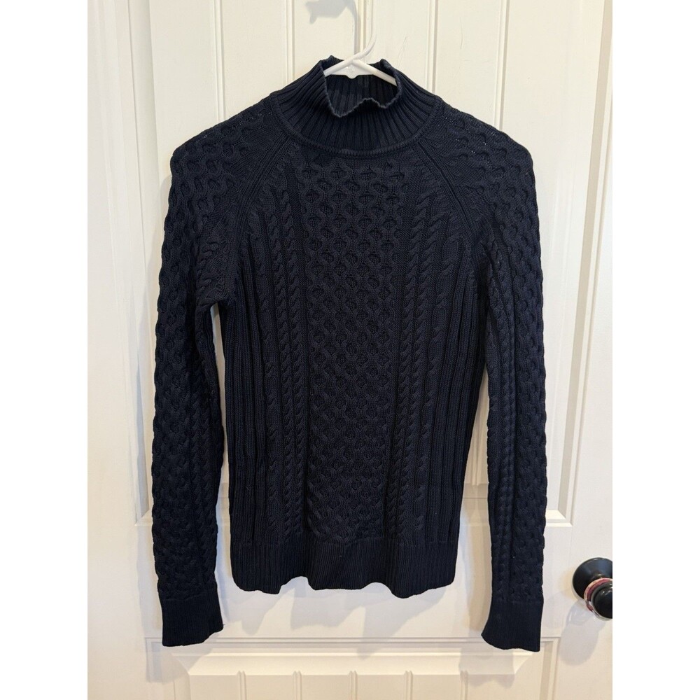 Brooks Brothers Womens S Navy 100% Silk Cable Knit Turtleneck Sweater Aran